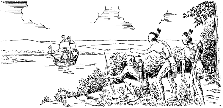 Pictorial representation Hudson Valley Mohawk area - Boat on Hudson, Native Americans on land