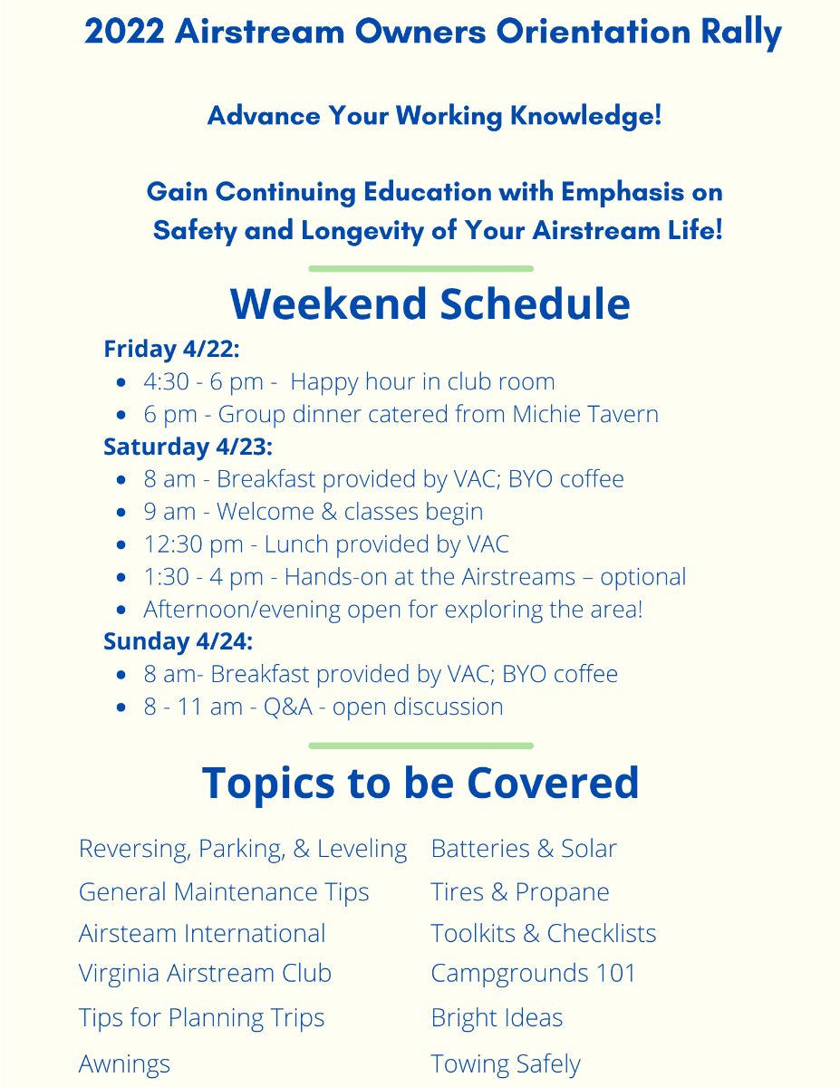Airstream Owners Orientation Rally Agenda