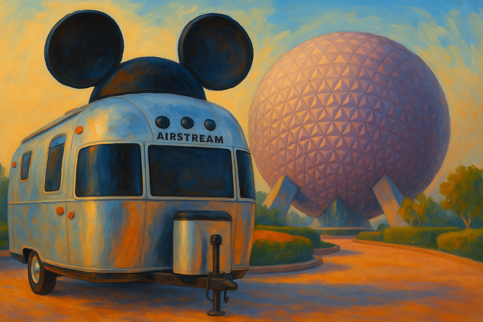 Airstream with Mickey ears in front of EPCOT's Spaceship Earth