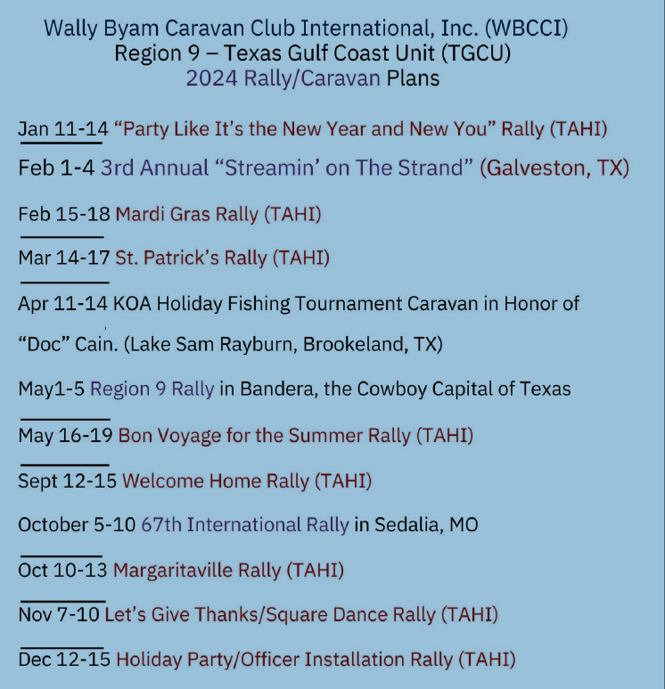2024 TGCU Rally Schedule