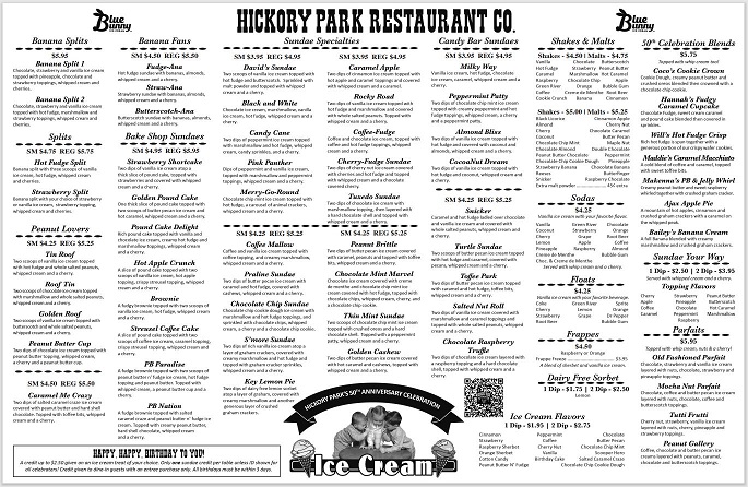 Hickory Park Ice Cream Menu