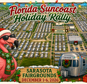 Picture with Airstreams and a flamingo decorated in holiday theme